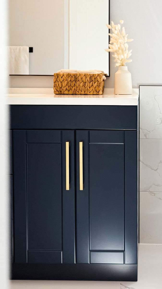 Navy & Brass Vanity — Vanity & Fixtures by Inside The House Calgary